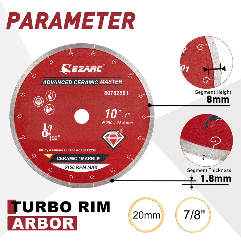 EZARC 10 inch Diamond Saw Blade, Advanced Ceramic Diamond Porcelain Cutting Blades Wet Cutting for Ceramic and Porcelain Tile, 1" Arbor with 5/8" Brass Washer Adapter(1-Pack) - Image 2