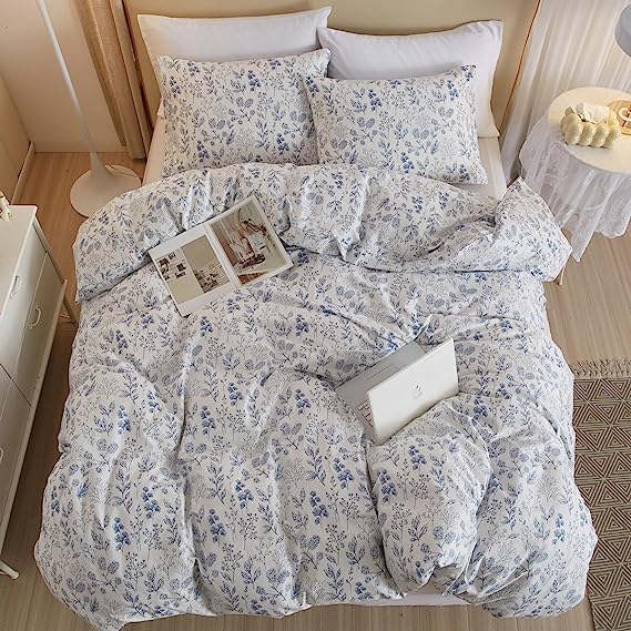 LifeTB Cotton Floral Duvet Cover Full White Blue Floral Print Full Bedding Sets Vintage Boho Flower Comforter Cover Aesthetic Bedding Botanical Duvet Cover Cottagecore Comforter Cover with Zipper Closure - Image 5