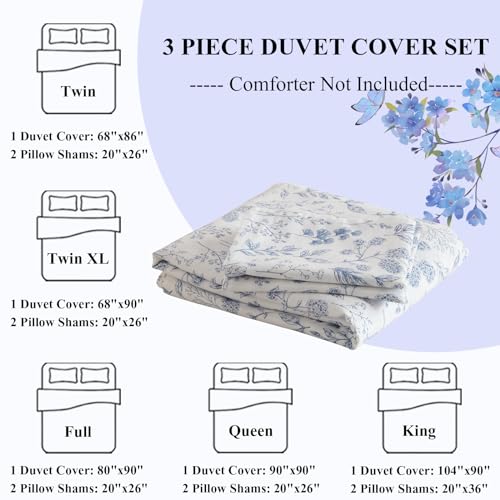 LifeTB Cotton Floral Duvet Cover Full White Blue Floral Print Full Bedding Sets Vintage Boho Flower Comforter Cover Aesthetic Bedding Botanical Duvet Cover Cottagecore Comforter Cover with Zipper Closure - Image 4