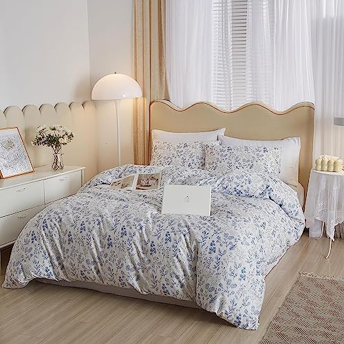 LifeTB Cotton Floral Duvet Cover Full White Blue Floral Print Full Bedding Sets Vintage Boho Flower Comforter Cover Aesthetic Bedding Botanical Duvet Cover Cottagecore Comforter Cover with Zipper Closure - Image 2