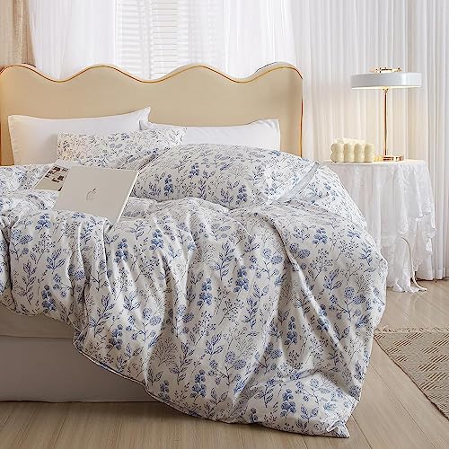 LifeTB Cotton Floral Duvet Cover Full White Blue Floral Print Full Bedding Sets Vintage Boho Flower Comforter Cover Aesthetic Bedding Botanical Duvet Cover Cottagecore Comforter Cover with Zipper Closure - Image 3