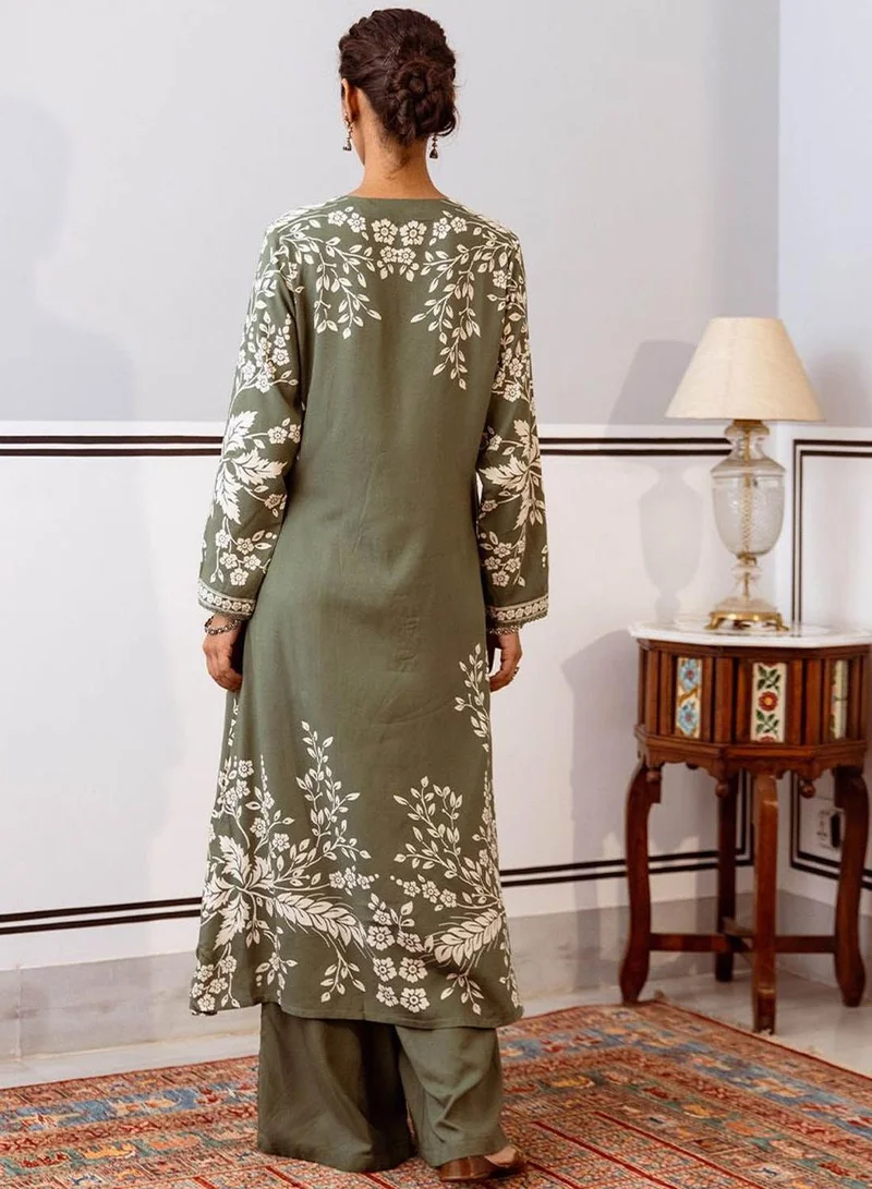 ISHIN Women's Green Rayon Printed Tunic Full Length Palazzo Straight Fit Kurta Set