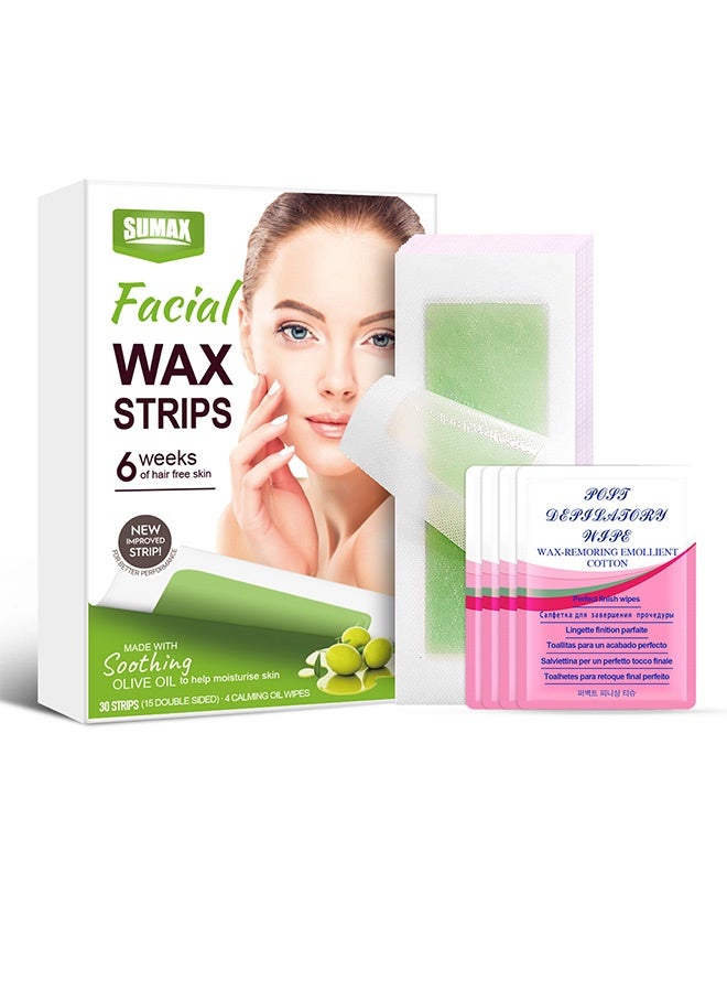 سوماكس شرائط شمع الوجه ShineMore بزيت الزيتون، ٣٠ شريطًا - إزالة سريعة للشعر من الذقن والشفتين والخدين والحاجبين - Image 1
