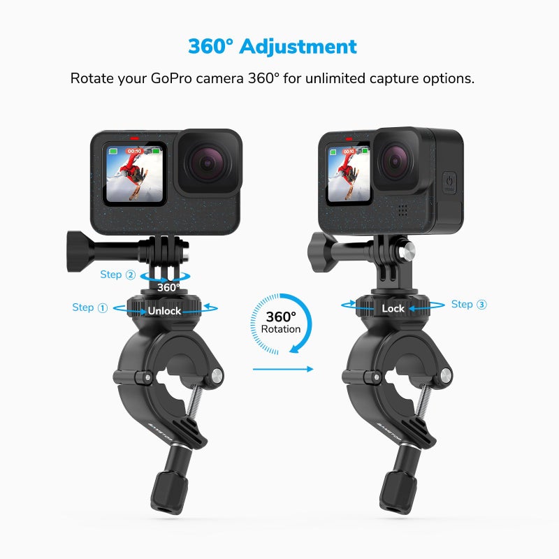 Sametop Handlebar Bike Pole Mount Motorcycle Clamp Mount Compatible with GoPro Hero 13 12 11 10 9 8 7 6 5 Session DJI Action Cameras - 360 Degree Rotation - Image 2