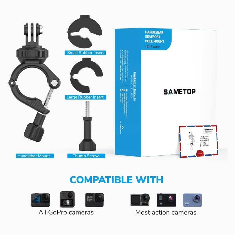 Sametop Handlebar Bike Pole Mount Motorcycle Clamp Mount Compatible with GoPro Hero 13 12 11 10 9 8 7 6 5 Session DJI Action Cameras - 360 Degree Rotation - Image 5