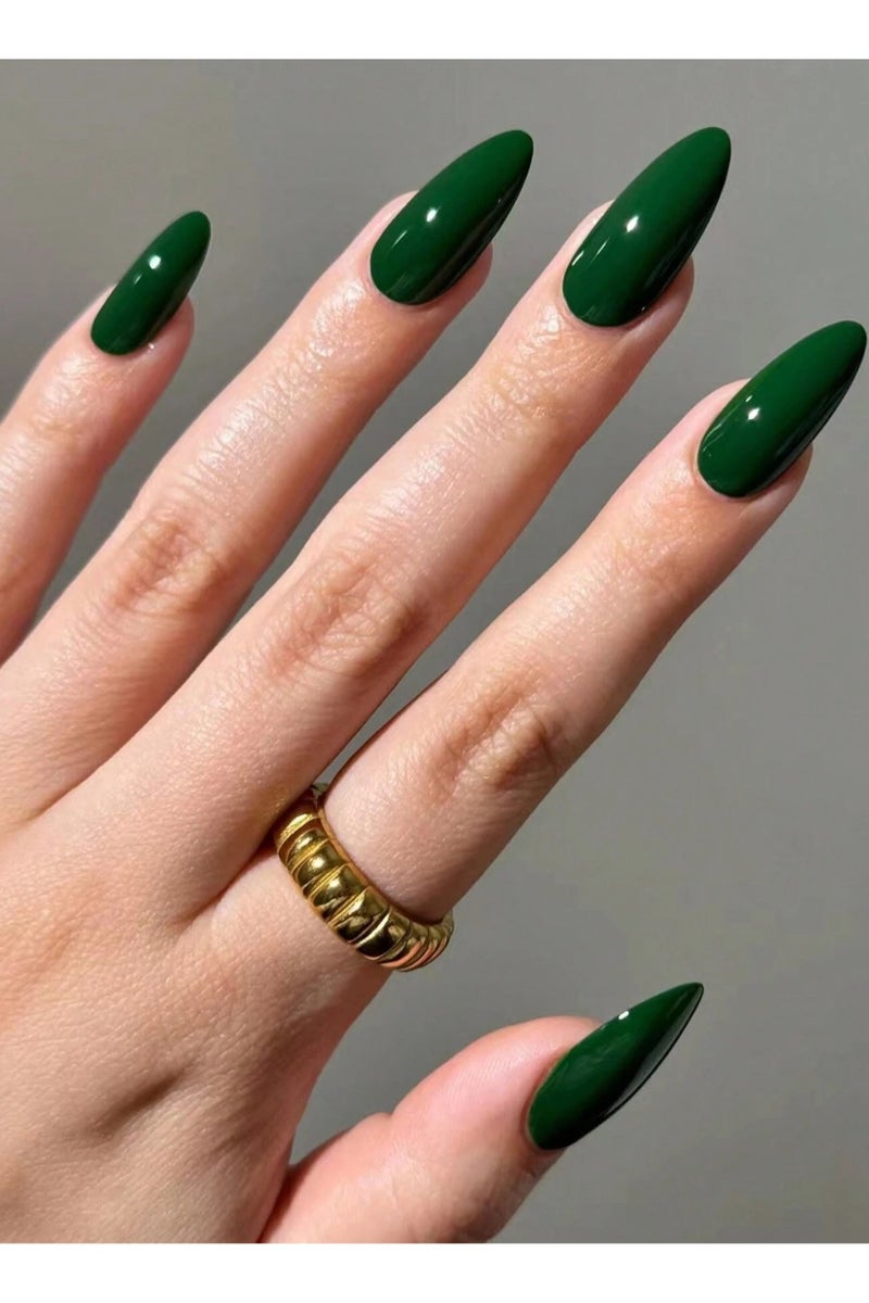 Generic Green Almond-Shaped Fake Nails for Celebrating Saudi National Day, the box contains 24 nails with a nail file and glue, perfect for celebrating Saudi National Day. - Image 1