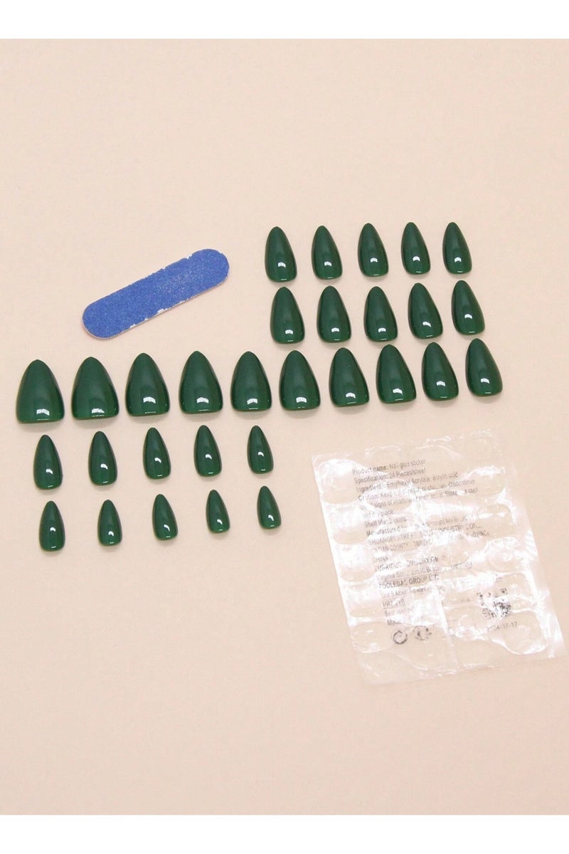 Generic Green Almond-Shaped Fake Nails for Celebrating Saudi National Day, the box contains 24 nails with a nail file and glue, perfect for celebrating Saudi National Day. - Image 2