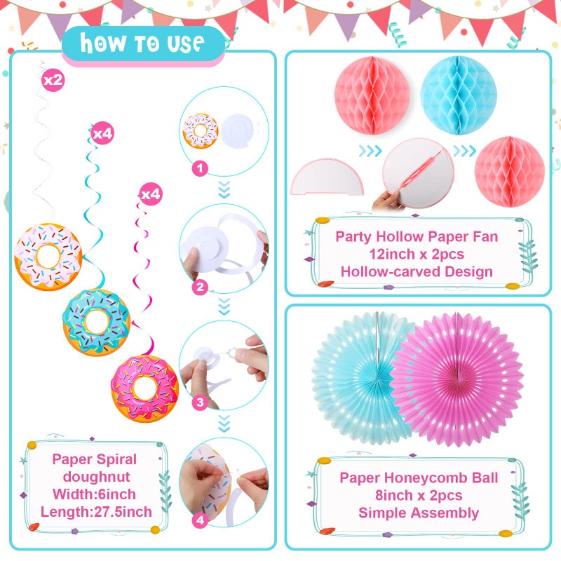 Hortsun 19 Pcs Donut Birthday Party Decorations Lanterns Hanging Donut Theme Decor Paper Lanterns Honeycomb Decorations Sweet Birthday Party Supplies Donuts Decor Candy Ice Cream(Sweet Colors) - Image 3
