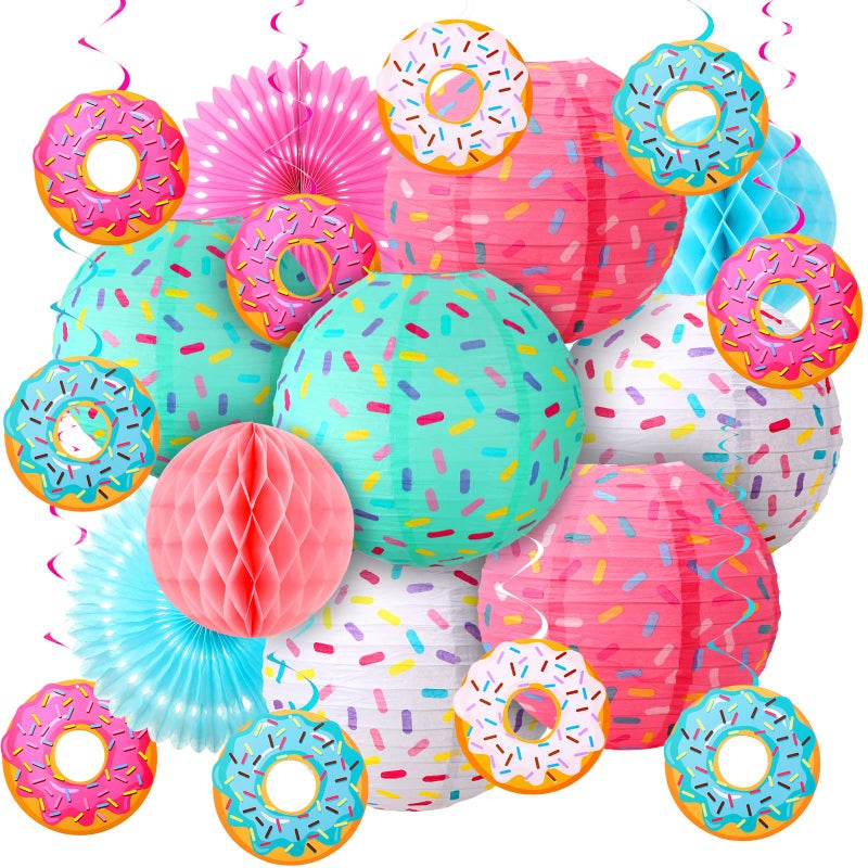 Hortsun 19 Pcs Donut Birthday Party Decorations Lanterns Hanging Donut Theme Decor Paper Lanterns Honeycomb Decorations Sweet Birthday Party Supplies Donuts Decor Candy Ice Cream(Sweet Colors) - Image 1