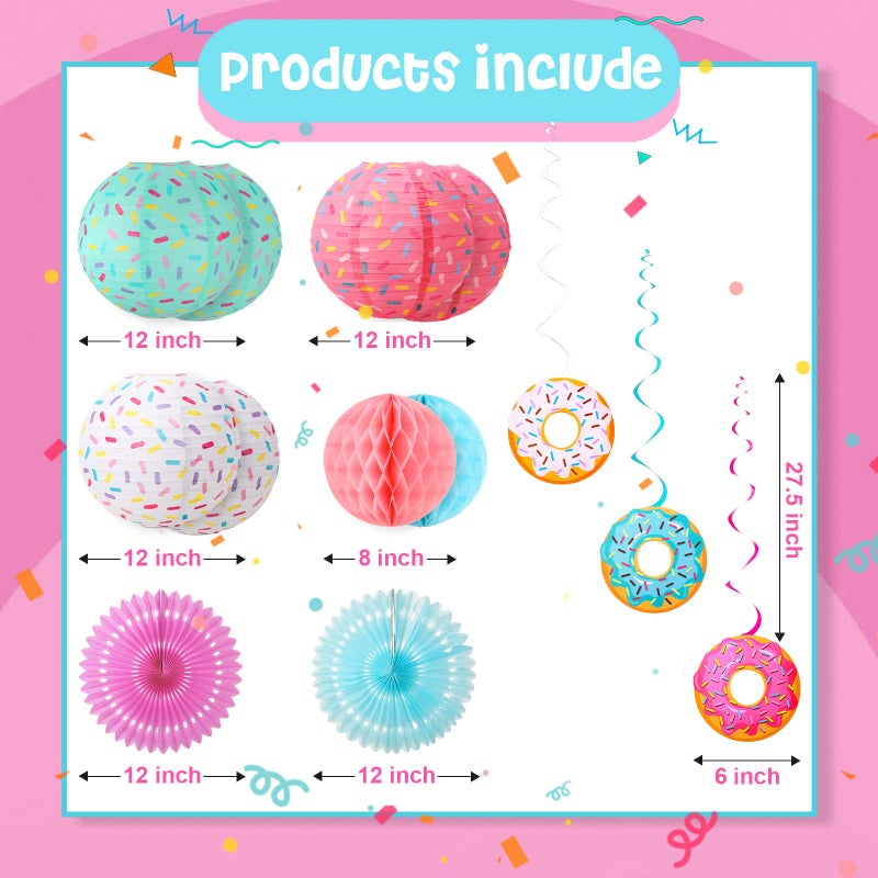 Hortsun 19 Pcs Donut Birthday Party Decorations Lanterns Hanging Donut Theme Decor Paper Lanterns Honeycomb Decorations Sweet Birthday Party Supplies Donuts Decor Candy Ice Cream(Sweet Colors) - Image 2
