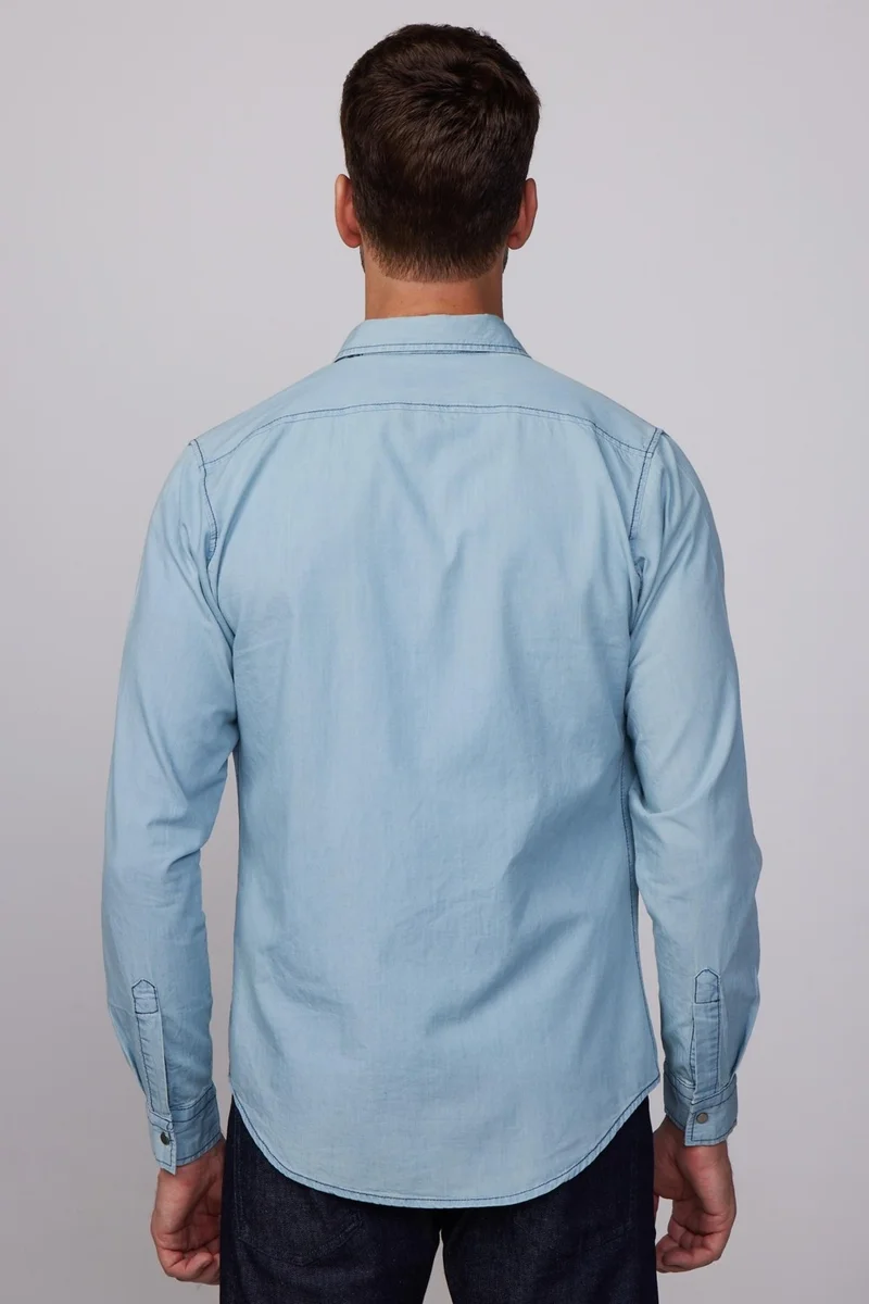 Tudors Slim Fit Long Sleeve Snap Fastener Single Pocket Flap Denim Blue Men's Shirt