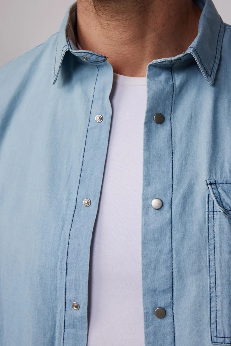 Tudors Slim Fit Long Sleeve Snap Fastener Single Pocket Flap Denim Blue Men's Shirt