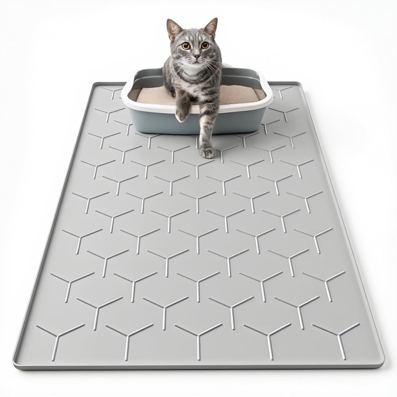 Garoopion Cat Mat for Litter Box, Large 34" X 22" Cat Litter Mat, Waterproof Silicone Pad for Floor, Gray - Image 1