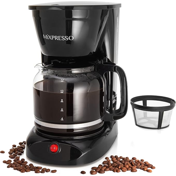 Mixpresso 12 Cup Coffee Pot, Auto-Off & Reusable Filter, Large Drip Coffee Maker, Borosilicate Glass Carafe, Anti-Drip, Water Window, Easy On/Off Switch, Black Coffee Machine - Image 1