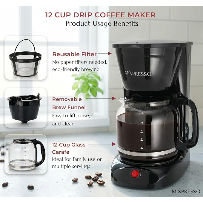 Mixpresso 12 Cup Coffee Pot, Auto-Off & Reusable Filter, Large Drip Coffee Maker, Borosilicate Glass Carafe, Anti-Drip, Water Window, Easy On/Off Switch, Black Coffee Machine - Image 3
