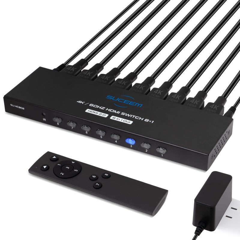 Suceem 4K60Hz HDMI Switch 8 in 1 Out HDMI Switcher Selector Box with IR Remote Control Support 4K 60Hz Ultra HDR HDCP 3D for Xbox PS5 PS4 Xbox PC Laptop - Image 2