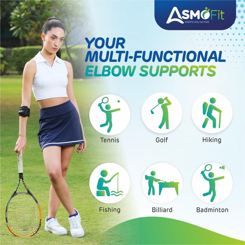 Asmofit دعم كوع التنس للجيم مع حزام قابل للتعديل | حزام كوع لتخفيف الألم في التهاب الجراب، دعم التهاب الأوتار | مثالي للرجال والنساء، رفع الأثقال، الكرة الطائرة والكريكيت - أسود (المقاس: عالمي) - Image 5