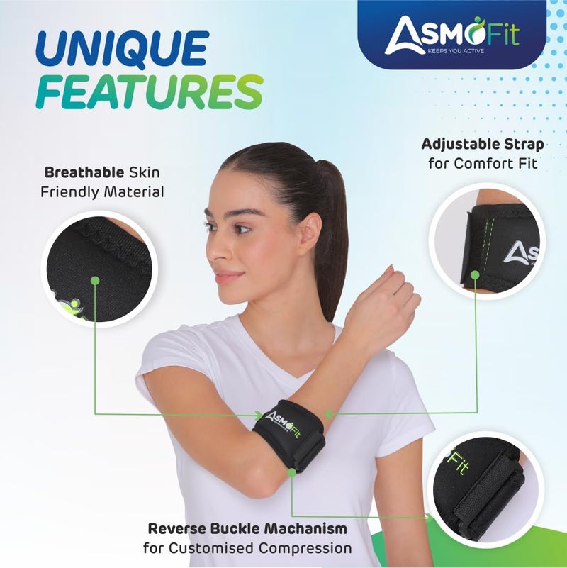 Asmofit دعم كوع التنس للجيم مع حزام قابل للتعديل | حزام كوع لتخفيف الألم في التهاب الجراب، دعم التهاب الأوتار | مثالي للرجال والنساء، رفع الأثقال، الكرة الطائرة والكريكيت - أسود (المقاس: عالمي) - Image 2