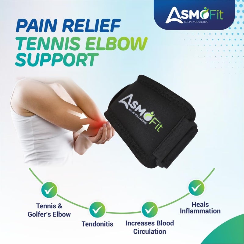 Asmofit دعم كوع التنس للجيم مع حزام قابل للتعديل | حزام كوع لتخفيف الألم في التهاب الجراب، دعم التهاب الأوتار | مثالي للرجال والنساء، رفع الأثقال، الكرة الطائرة والكريكيت - أسود (المقاس: عالمي) - Image 3
