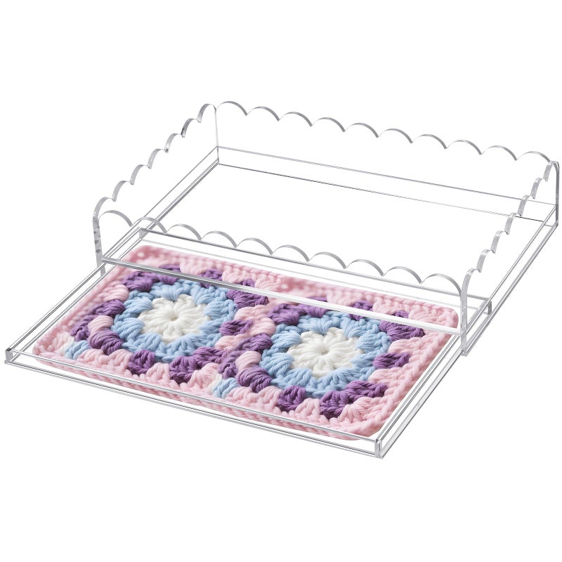 GlikCeil 1 Pcs 12" x 8" Acrylic Scalloped Tray Large Clear Acrylic Tray with Drawer for Insert Customizable Photos, Art, and Fabric Scalloped Basket for Needlepoint Napkin Frame Display Messages - Image 1