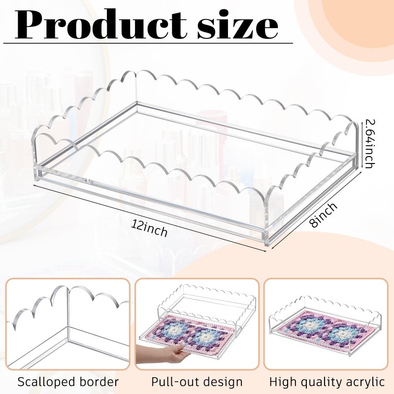 GlikCeil 1 Pcs 12" x 8" Acrylic Scalloped Tray Large Clear Acrylic Tray with Drawer for Insert Customizable Photos, Art, and Fabric Scalloped Basket for Needlepoint Napkin Frame Display Messages - Image 2