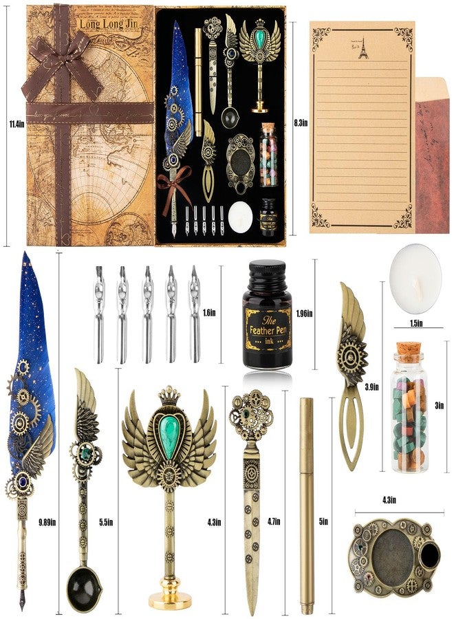 LongLongJin Quill Pen Ink Set with Seal Stamp - Feather Calligraphy Pen and Ink Set, Wax Seal Stamp Kit, Calligraphy Copybook,Beginner Calligraphy Quill Pen Lovers of All Ages Selection Gift (Blue) - Image 2