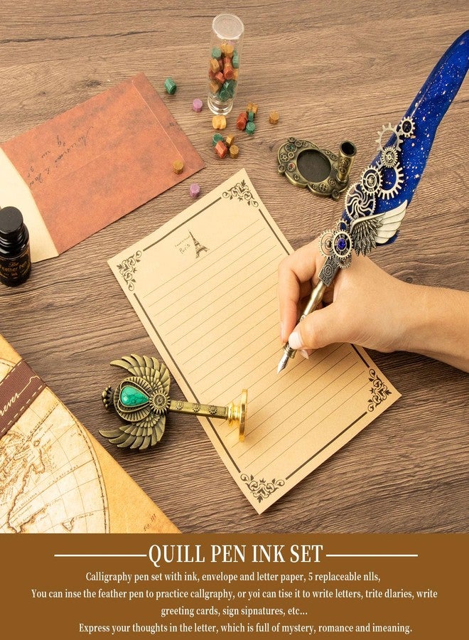LongLongJin Quill Pen Ink Set with Seal Stamp - Feather Calligraphy Pen and Ink Set, Wax Seal Stamp Kit, Calligraphy Copybook,Beginner Calligraphy Quill Pen Lovers of All Ages Selection Gift (Blue) - Image 5