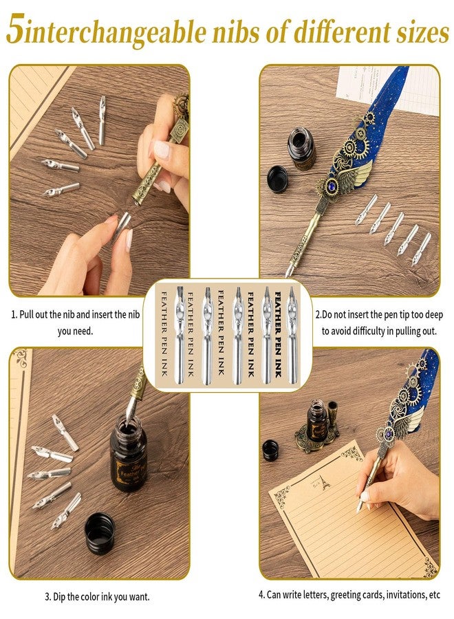 LongLongJin Quill Pen Ink Set with Seal Stamp - Feather Calligraphy Pen and Ink Set, Wax Seal Stamp Kit, Calligraphy Copybook,Beginner Calligraphy Quill Pen Lovers of All Ages Selection Gift (Blue) - Image 3