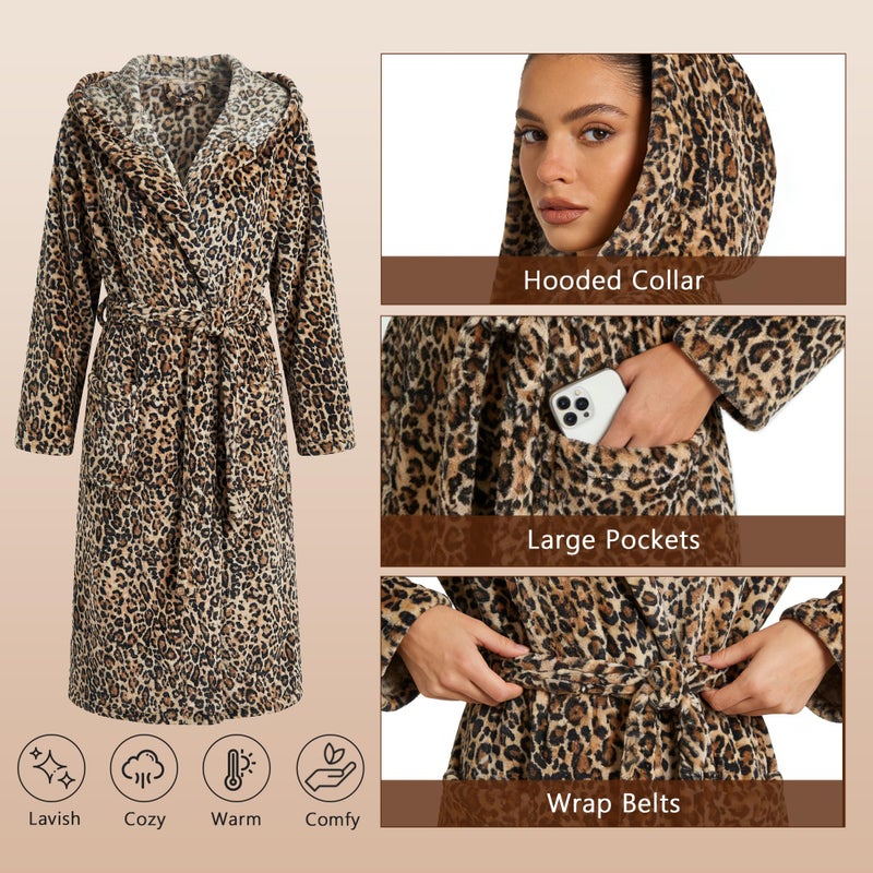 HEARTNICE Womens Hooded Fleece Robe, Soft Bathrobe for Womens,Cute Long House Coat (Leopard Print Hooded, S/M) - Image 3