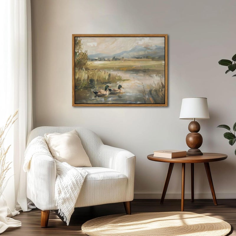 AKWISH Floating Framed Canvas Wall Art, Vintage Mallard Duck Oil Paintings Print, Countryside Art Wildlife Nature Pond Wall Decor for Living Room, Bedroom, Office, Rustic Decor 12x16 inch - Image 2
