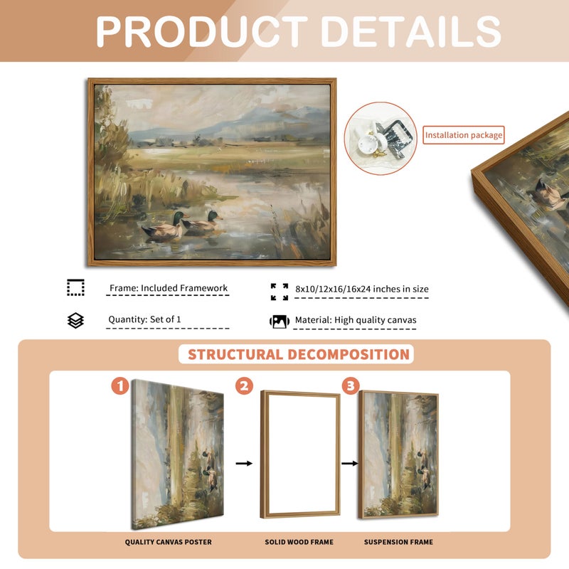 AKWISH Floating Framed Canvas Wall Art, Vintage Mallard Duck Oil Paintings Print, Countryside Art Wildlife Nature Pond Wall Decor for Living Room, Bedroom, Office, Rustic Decor 12x16 inch - Image 5