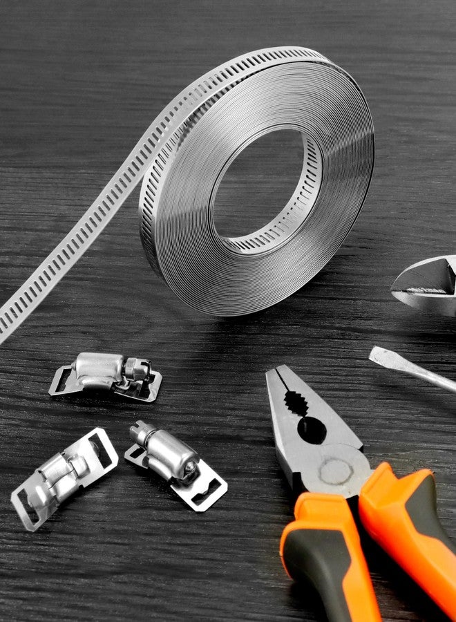 كيو دبليو او ار كي مجموعة مشابك أنابيب معدنية كبيرة من QWORK - حزام من الفولاذ المقاوم للصدأ 304، حزام بطول 32.8 قدم مع 24 مثبتًا أقوى للتثبيت الآمن، ومقاوم للتآكل، ومقاوم للماء، بتصميم حافة ناعمة - Image 3