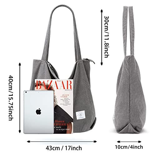 KALIDI FANCY FOREST KALIDI Women Corduroy Tote Bag Casual Tote's Handbag Big Capacity Shoulder Bag with Pockets Zippers (Grey01) - Image 2
