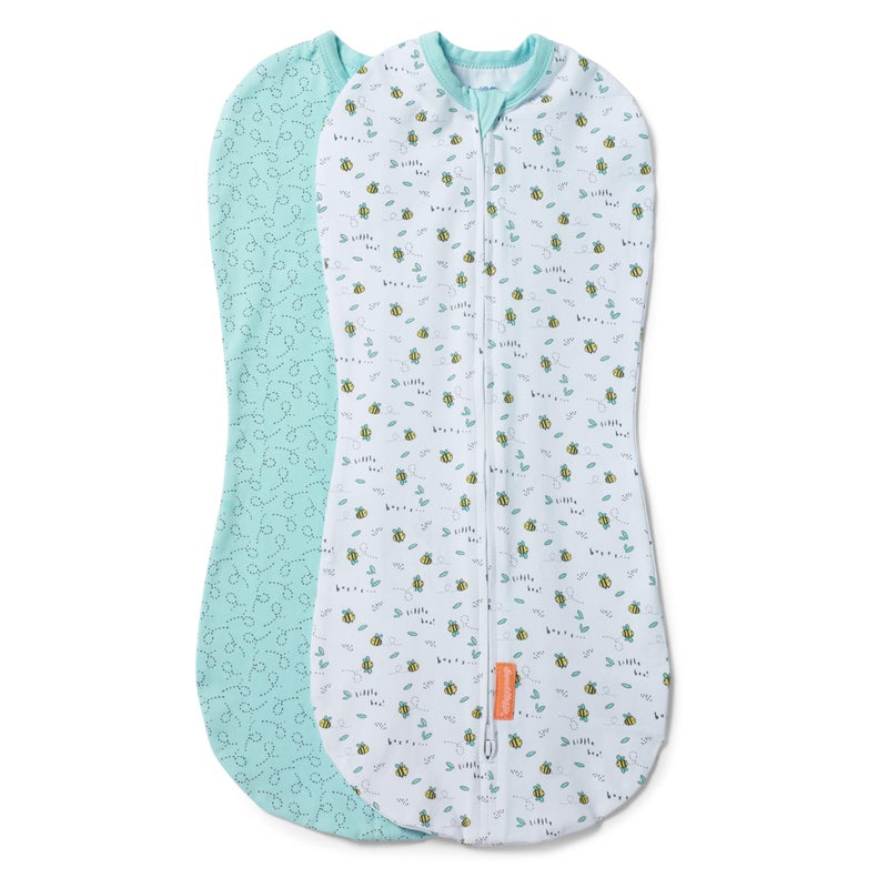 SwaddleMe by Ingenuity Compression Swaddle Pod, Two-Way Zipper for Easy Changes, Improves Sleep  Calms Startle Reflex, 0-2 Months, 2-Pack - Little Bees - Image 1