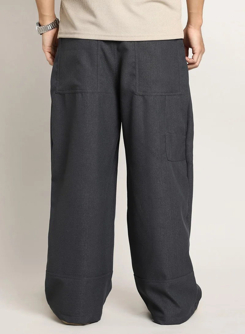 Campus Sutra Charcoal Grey Lightweight - Panelled Baggy Cargo Trousers for Men | Best Price UAE