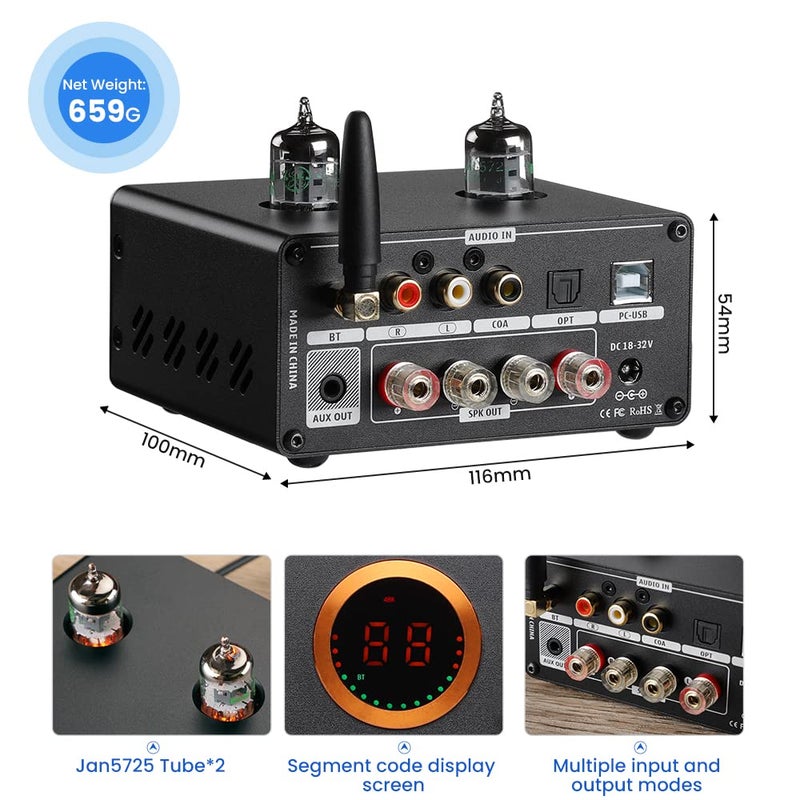AIYIMA مضخم الصوت AIYIMA T9 PRO 200W بلوتوث HiFi رقمي من فئة D 2.0/2.1 مع مضخم DAC أنبوب فراغ مع مقياس VU وخصائص الجهير والتريبل ومدخلات بلوتوث 5.1 وكوكسيل وبصري وPC-USB - Image 2