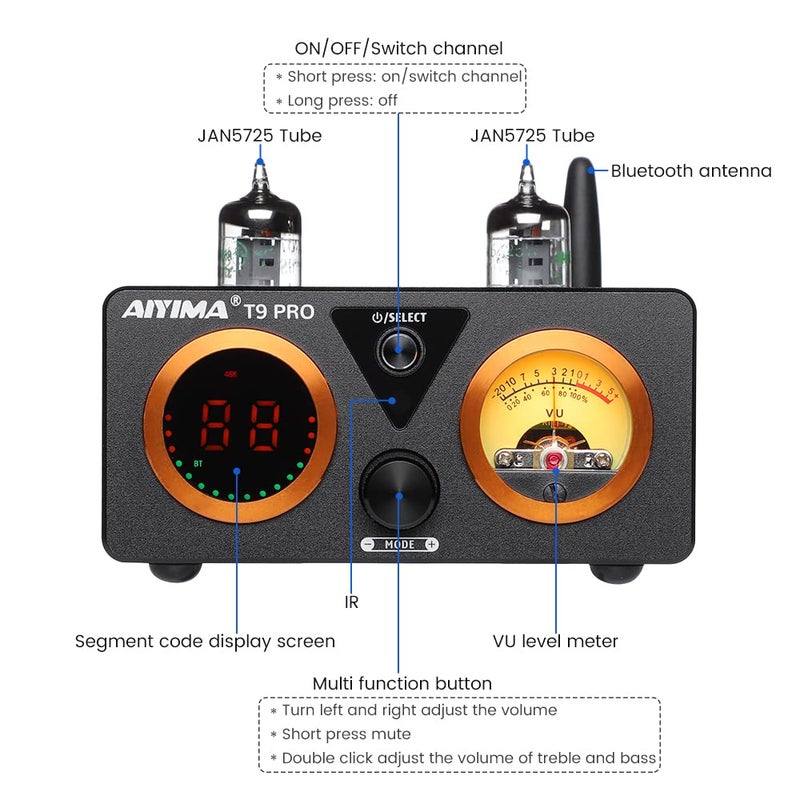 AIYIMA مضخم الصوت AIYIMA T9 PRO 200W بلوتوث HiFi رقمي من فئة D 2.0/2.1 مع مضخم DAC أنبوب فراغ مع مقياس VU وخصائص الجهير والتريبل ومدخلات بلوتوث 5.1 وكوكسيل وبصري وPC-USB - Image 3