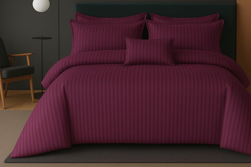 PRISCILLA 220 GSM 400TC Microfiber Satin Stripe Cotton AC Comforter Set King Size Double Bed with 1 Flat bedsheet-90x100 inch and Two Pillow Covers II 4 pc Bedding Set for Home|Hotels| (Wine) - Image 5