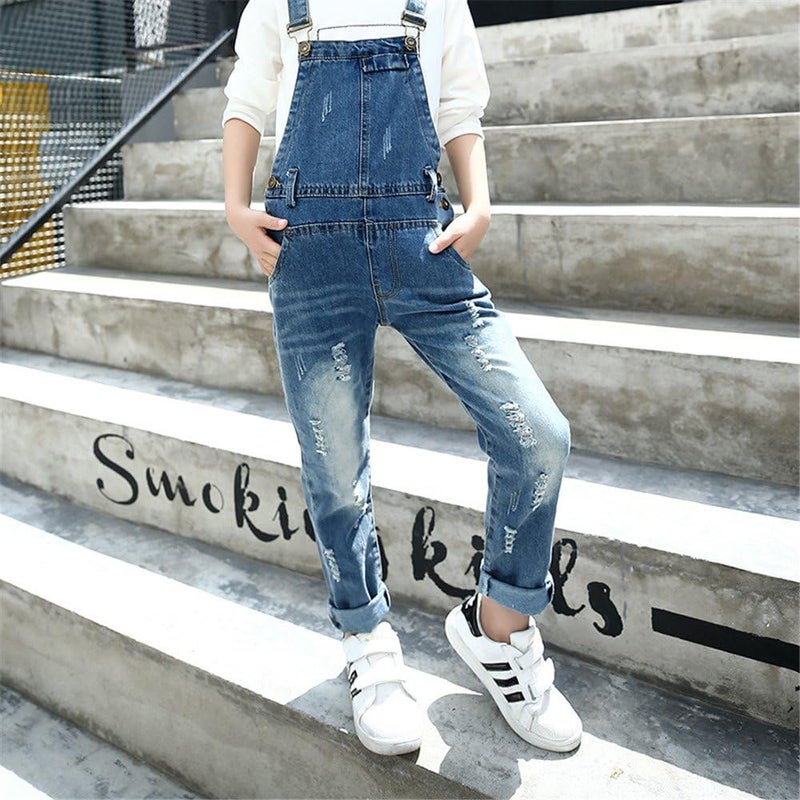 ABALACOCO Store Girls Kids Overalls Jeans Adjustable Strap Ripped Denim Cute Jumper Jumpsuits Pants 6-13T - Image 3