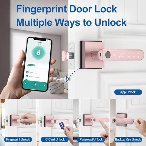 BIWIBON Fingerprint Door Lock 5 in 1 Finger Print Door Knob with Smart APPFingerprintIC CardsPasswordBackup Keys Smart Door Knob with Keypad for Bedroom Office Apartment Rose Gold - Image 3