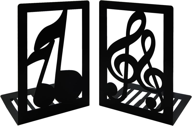 Winterworm 1 Pair Black Book Ends Musical Note Modern Bookends for ShelvesMetal Music Themed Book Holder Journal Book Organizer CD Holder Office Home Decorative Bookends for Back to School Student Kids Gift - Image 1
