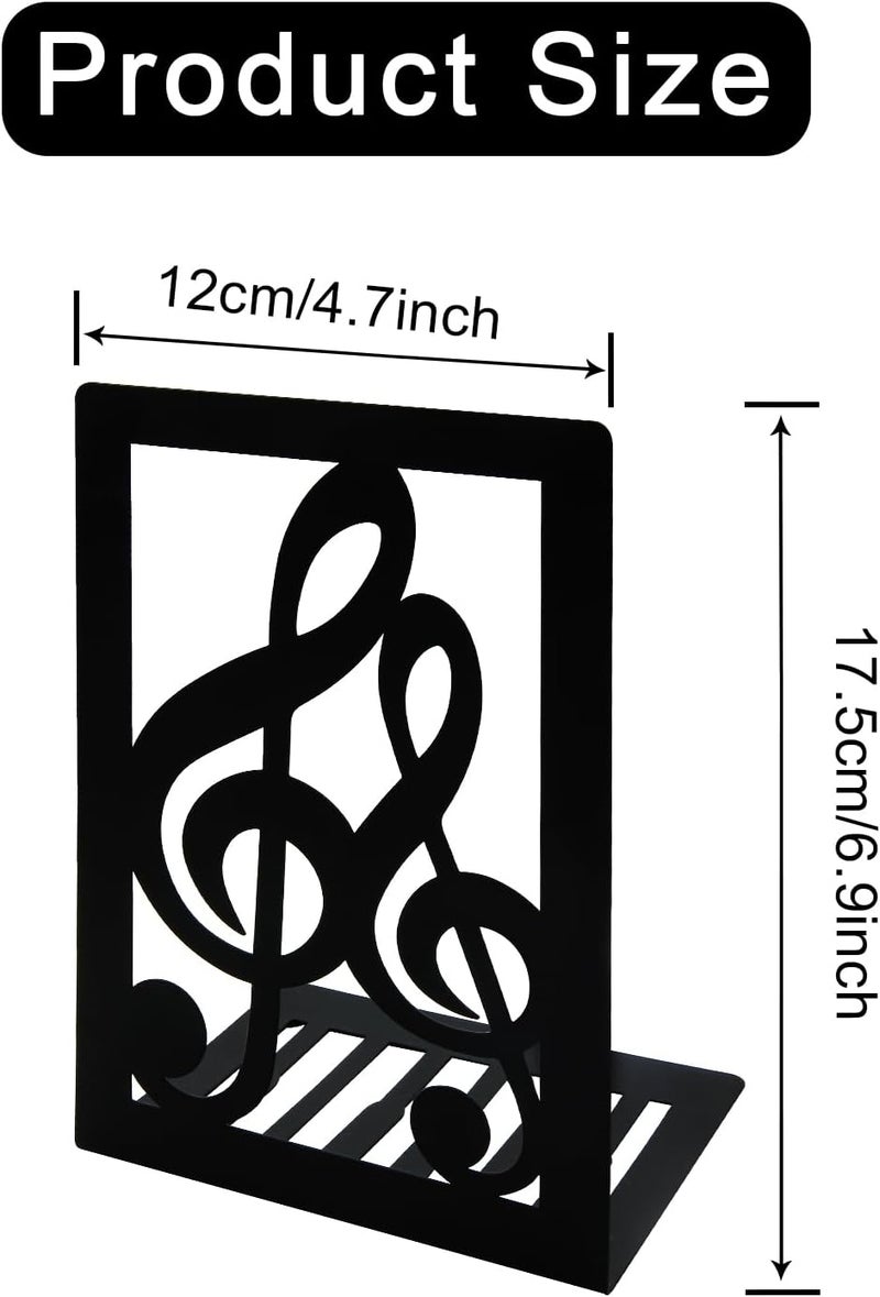Winterworm 1 Pair Black Book Ends Musical Note Modern Bookends for ShelvesMetal Music Themed Book Holder Journal Book Organizer CD Holder Office Home Decorative Bookends for Back to School Student Kids Gift - Image 2