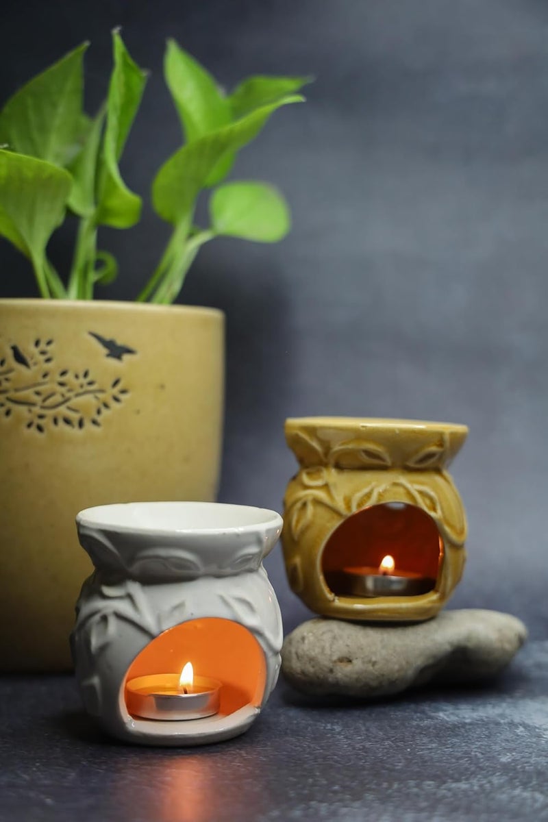 Plavam Ceramic Clay Candle Aroma Diffuser with Flower Artistic Pattern Oil Burner and Warmer Lamp for Gifting Home Fragrance Aromatherapy Home Decor Brown - Image 3