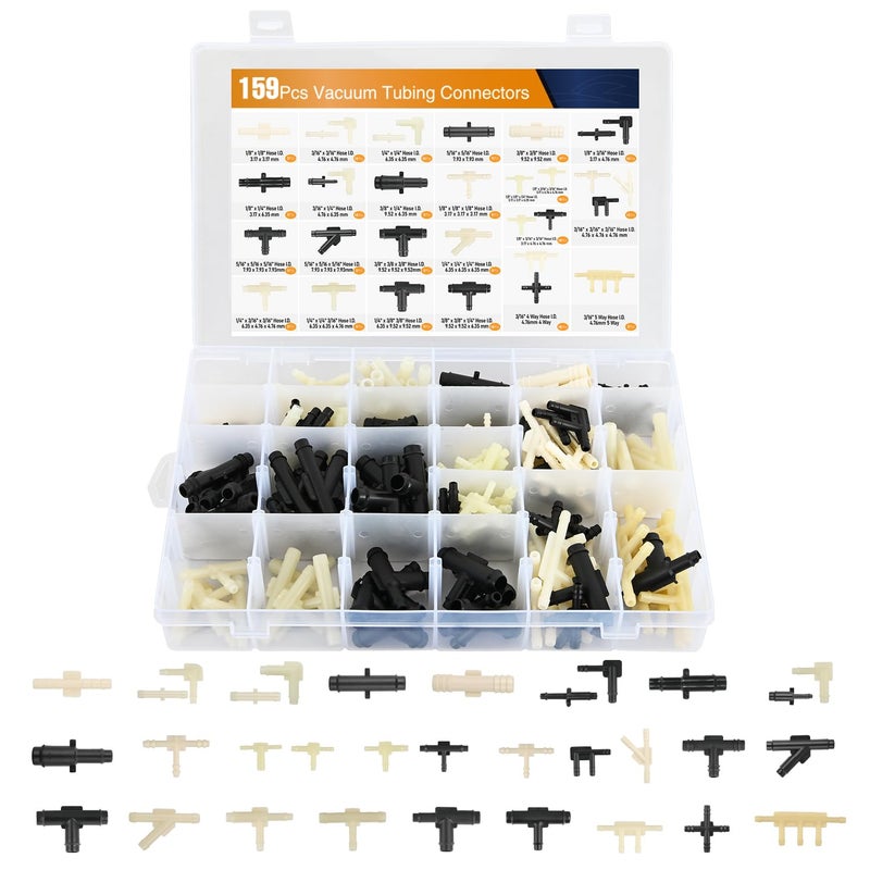 GOOACC 159Pcs 32 Size Automotive Vacuum Tubing Tee Connector Assortment Kit 1/8" 3/16" 1/4" 5/16" 3/8" - Image 1
