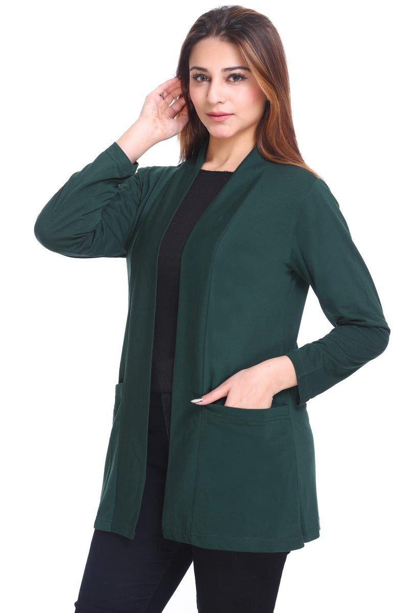Plush Women's Cotton Waterfall Front Open Regular Mid Length Shurgs | Girls/Ladies Shrug with Front Pockets (PWT-15) (Bottle Green, Small), Shawl Collar - Image 4