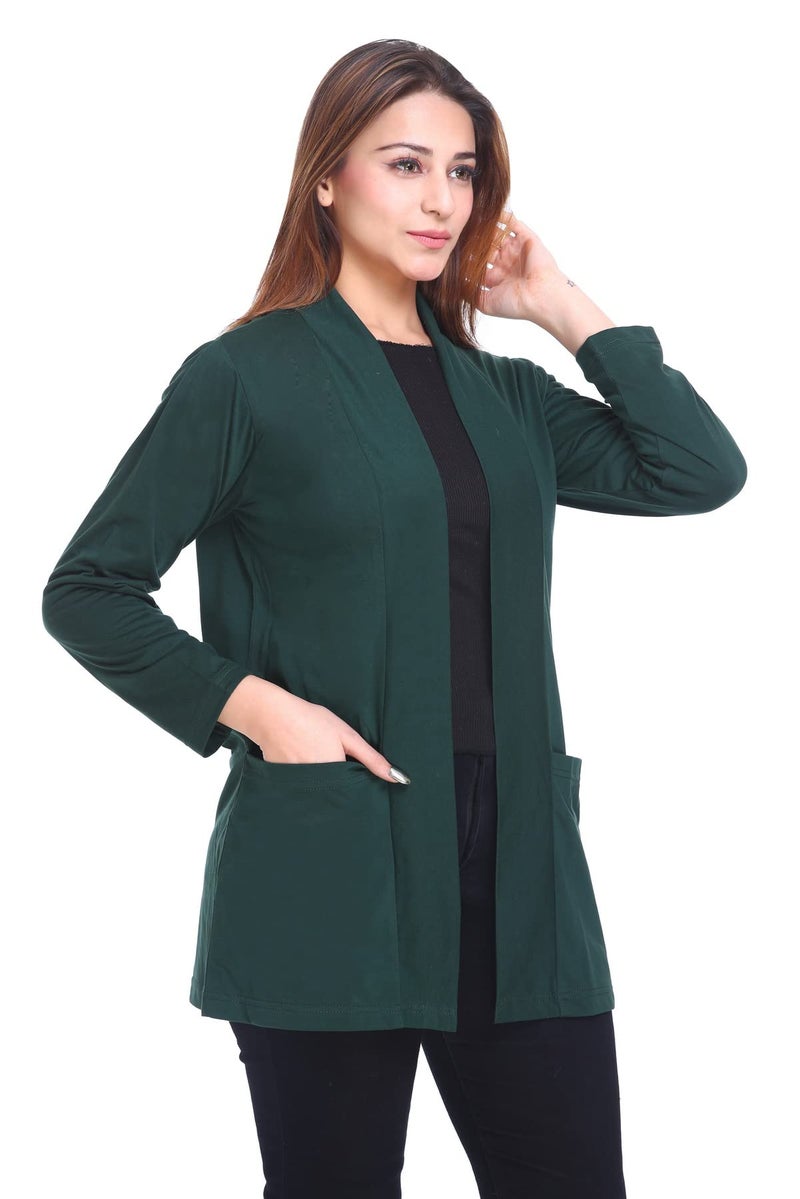 Plush Women's Cotton Waterfall Front Open Regular Mid Length Shurgs | Girls/Ladies Shrug with Front Pockets (PWT-15) (Bottle Green, Small), Shawl Collar - Image 5