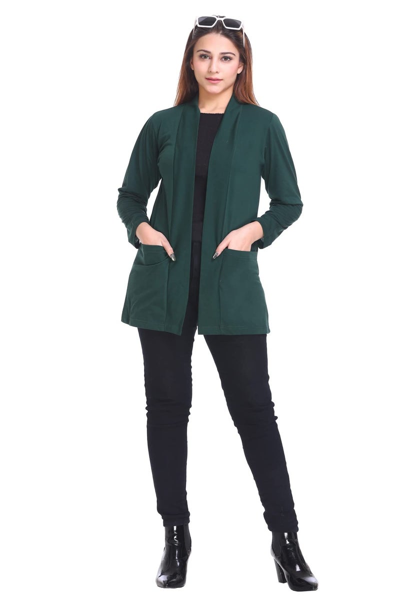 Plush Women's Cotton Waterfall Front Open Regular Mid Length Shurgs | Girls/Ladies Shrug with Front Pockets (PWT-15) (Bottle Green, Small), Shawl Collar - Image 2