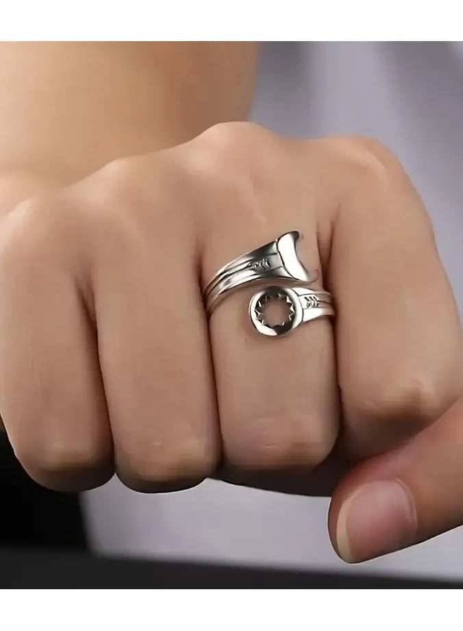 Home Clearance Sale Men and women with the same models hot sale popular fashion retro minimalist personality temperament art creative biker wrench finger ring Size adjustable - Image 3