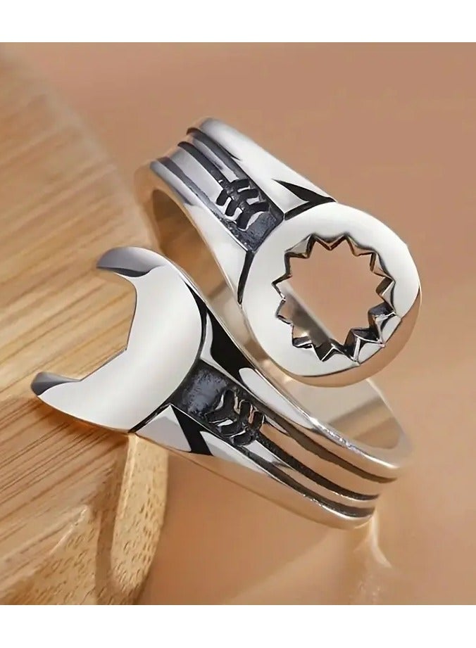 Home Clearance Sale Men and women with the same models hot sale popular fashion retro minimalist personality temperament art creative biker wrench finger ring Size adjustable - Image 4