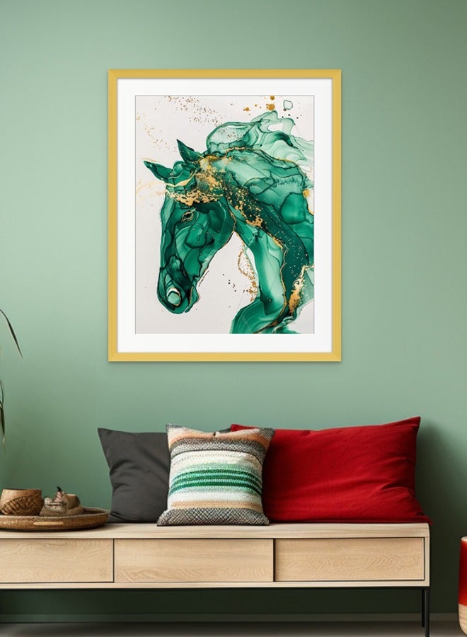Art Decor Art Decor Green and Gold Horse Watercolor Abstract Water Color Ink Art with Matboard Wall Art Framed Fine Art Wall Décor for Living Room Bedroom Dining Room Office Gifting - Image 1